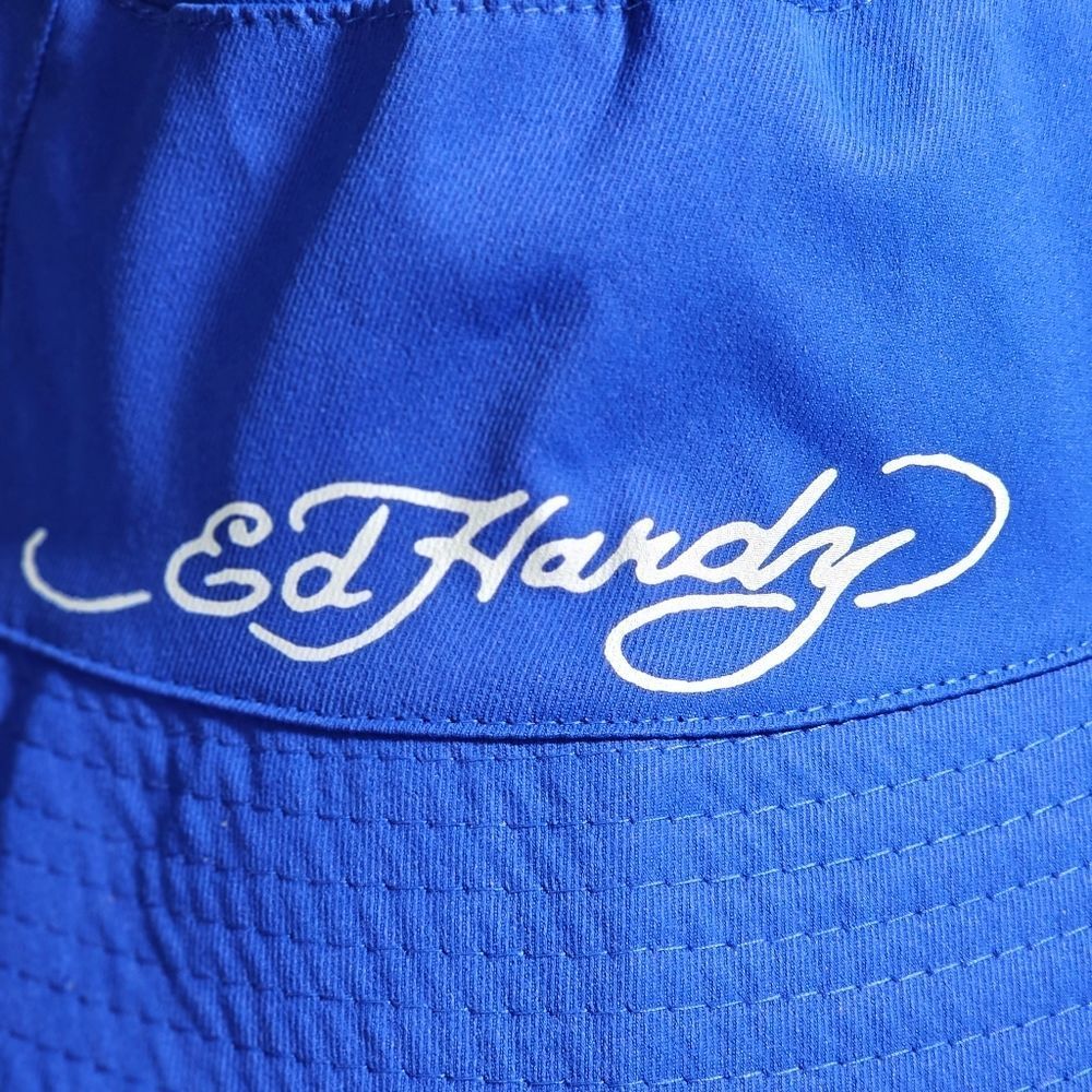 Ed Hardy By Christian Audigier Fish Tattoo Bucket Hat Reversible White Blue New - Picture 8 of 9
